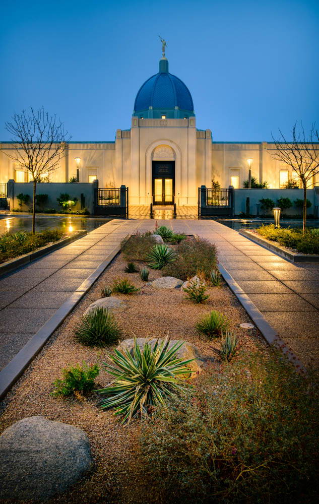Desert garden bed leads up to the Idaho Falls Temple entrance.