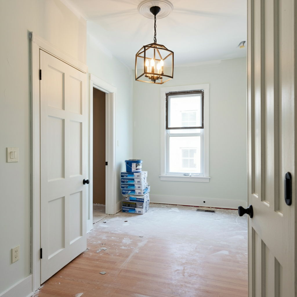 A freshly painted bedroom in a Chicago home featuring newly installed ceiling fixtures and updated door hardware. Paint supplies are neatly stacked in one corner, with a receipt showing typical costs for these cosmetic updates visible on a nearby windowsill.