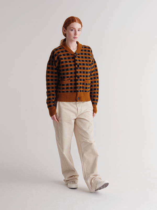 Model wears Stripe And Check Cardigan Black & Drill Grey
