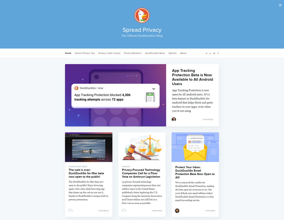 Screenshot of Company Blog: Spread Privacy - The Official DuckDuckGo Blog, from the blog examples collection.