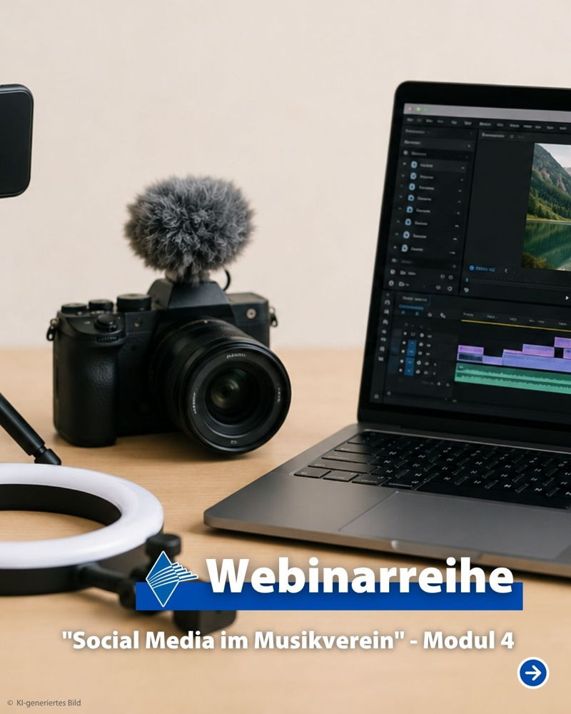 📱 Social Media im Musikverein – Jetzt anmelden! 📱

Videos erstellen, die ankommen! Social Media lebt von Bewegtbild und Emotionen. Doch wie entstehen wirkungsvolle Videos – auch ohne Profi-Equipment? 🎥

Im vierten und letzten Modul der Webinarreihe "