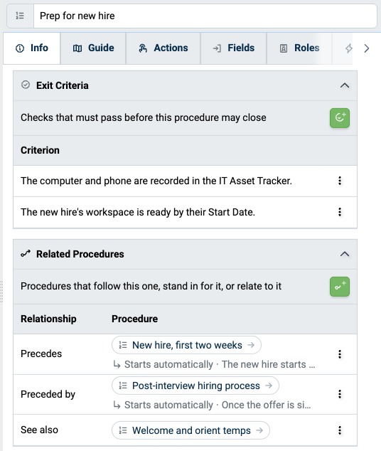 Exit Criteria and Related Procedures panels on the Procedure Info tab