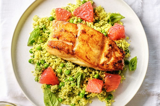 Cod with Pesto and Grapefruit Couscous