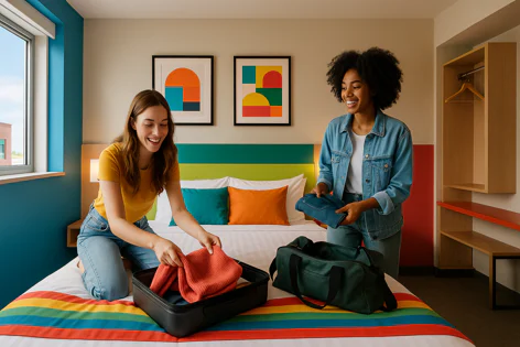 Two friends laugh while packing clothes for a trip on a bed with bright rainbow stripes in a modern hotel room.