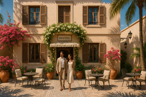 Couple walks past a hotel building entrance decorated with a white flowering arch, pink bougainvillea, and outdoor patio tables.