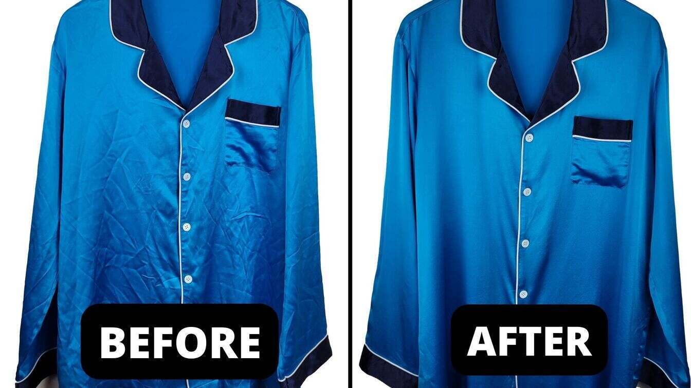 a picture of a blue silk pajama shirt before it was ironed and after it had been ironed