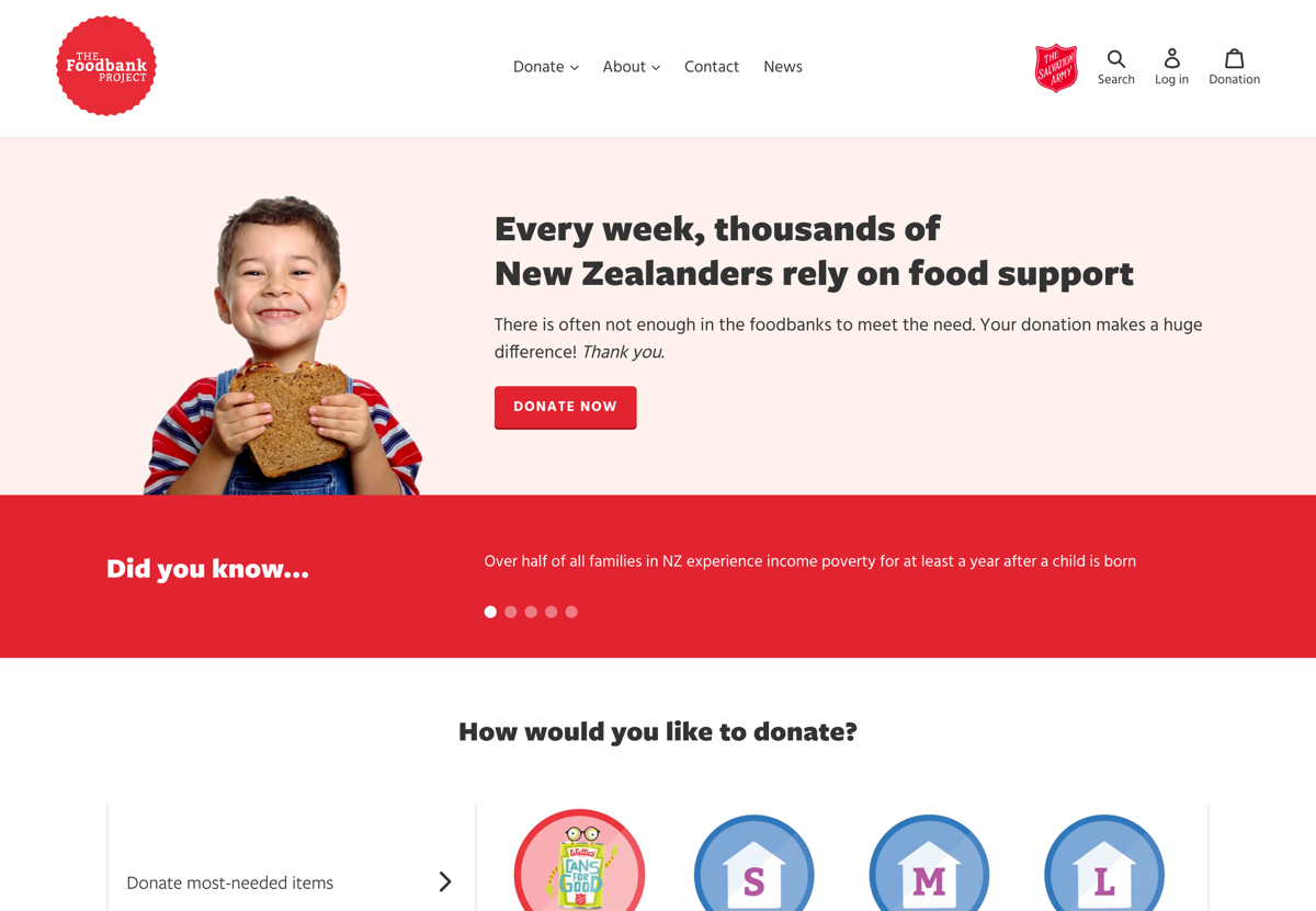 Screenshot of The Foodbank Project, from the nonprofit & charity websites collection.