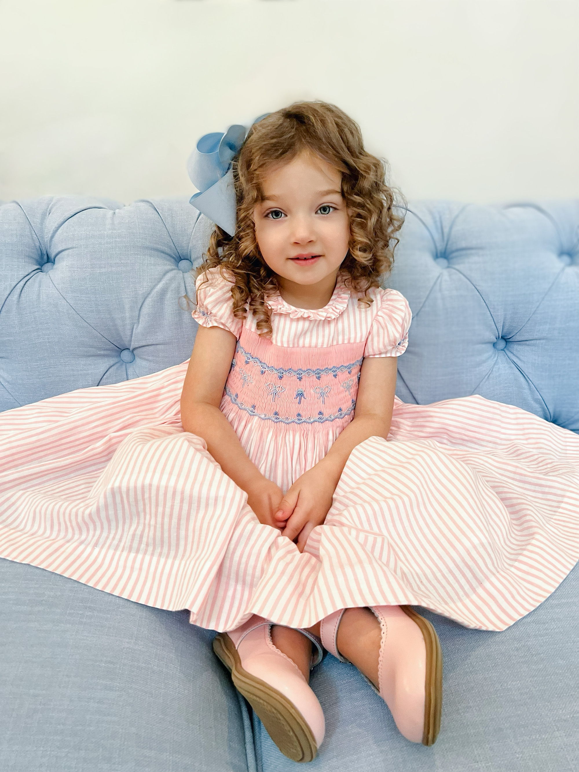 Pink striped girl's birthday smocked dress