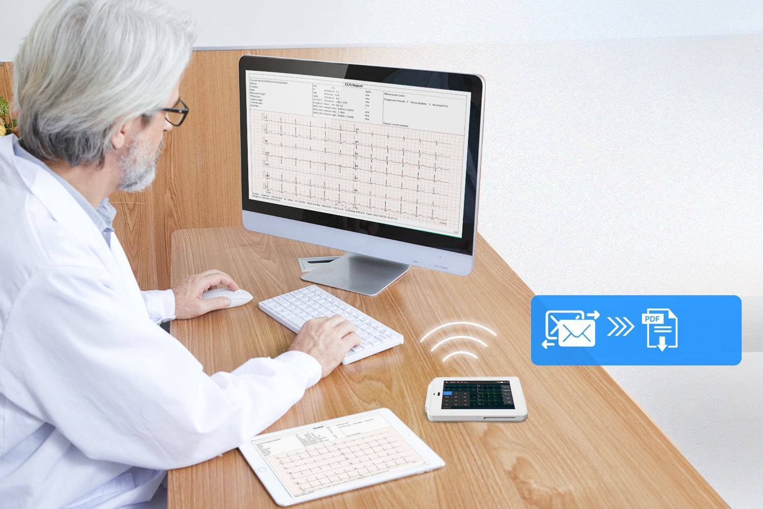 The 12-lead pocket ECG machine allows for wireless data transfer via email.