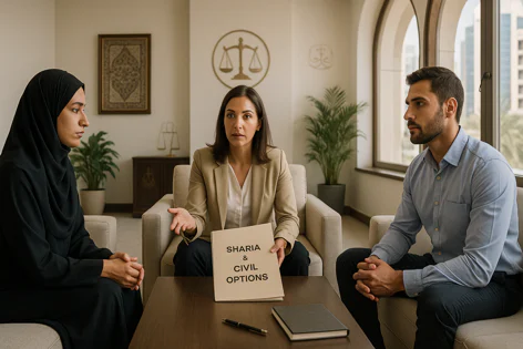 Legal professional presents Sharia and Civil Law options document to a man and woman wearing a hijab during a consultation.