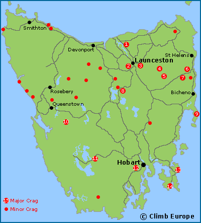 Map of the main rock climbing areas in Tasmania