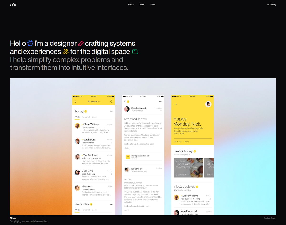 Screenshot of Isa Pinheiro, from the ux portfolios collection.