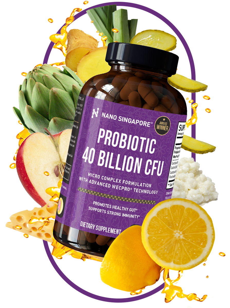 A bottle of Nano Singapore's best probiotic supplement surrounded by fruit