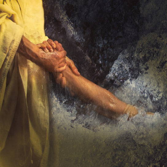 Jesus' hands clasping Peter's arm as he sinks into the crashing waves.