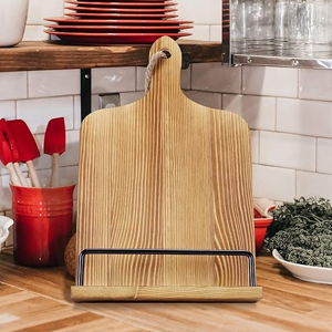Soligt Cookbook Stand for Kitchen Counter Adjustable iPad Tablet Recipe Book Holder Rustic Wood Cutting Board Style - Brown