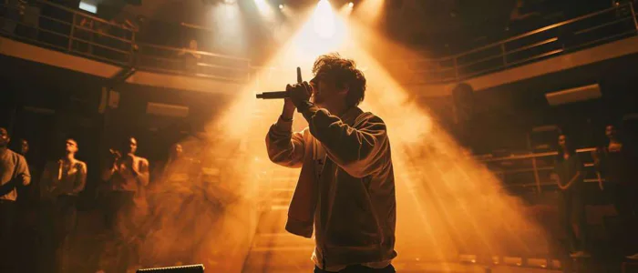 A young speech therapist using rap therapy under spotlight