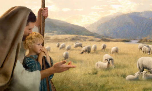 Jesus with a young shepherd boy watching after a flock of sheep.