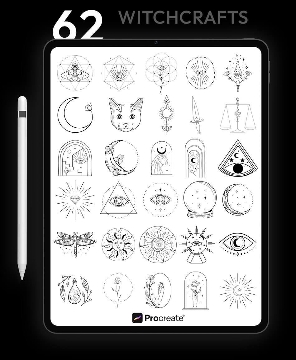 image of various flash tattoos surrounding wiccan and witchy imagery displayed on an iPad