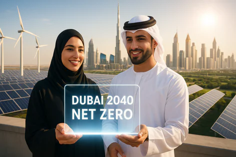 A man and woman hold a glowing display saying Dubai 2040 Net Zero, backed by solar panels, wind turbines, and the city skyline.