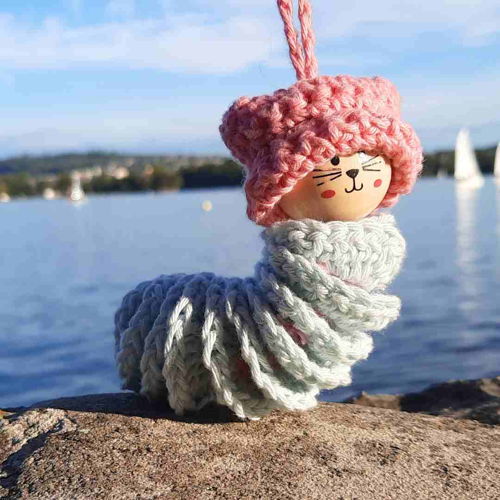 Kitty With A Cat Hat (Worry Worm With Wooden Head) Crochet Pattern PDF Printable