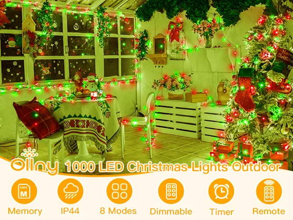 Features of Ollny's 800 leds clear cable cool white string lights - mobile size