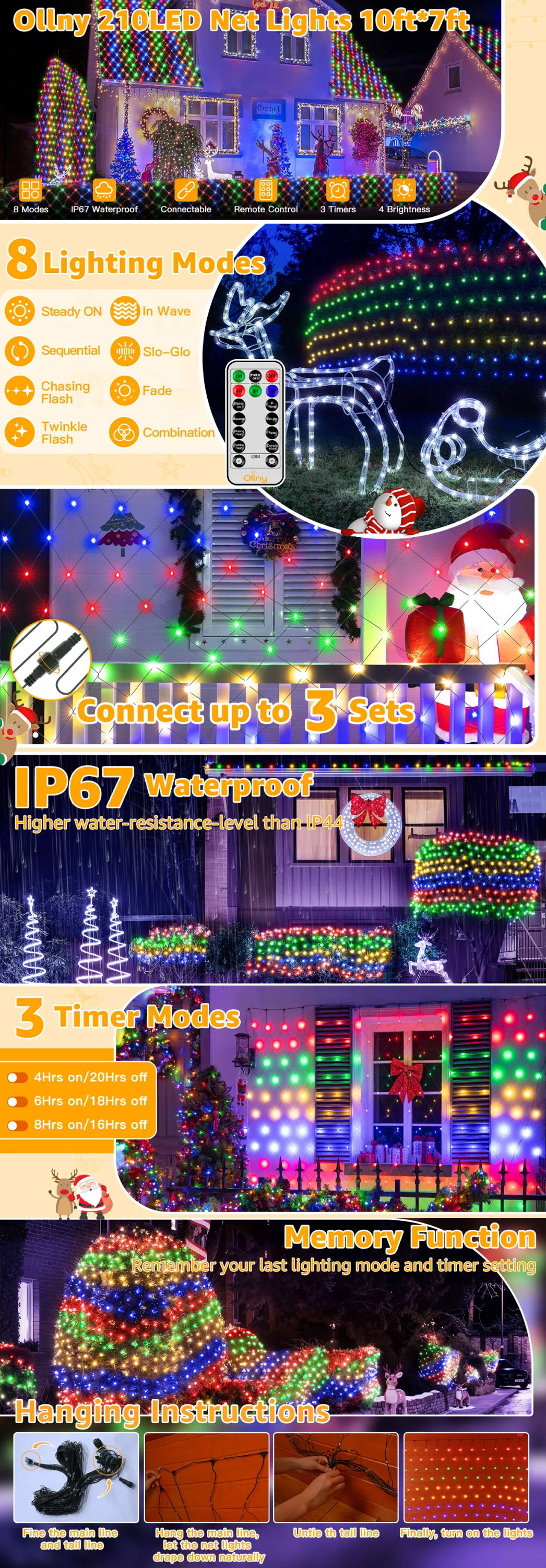 Ollny's 200 leds warm white IP67 net lights for Christmas