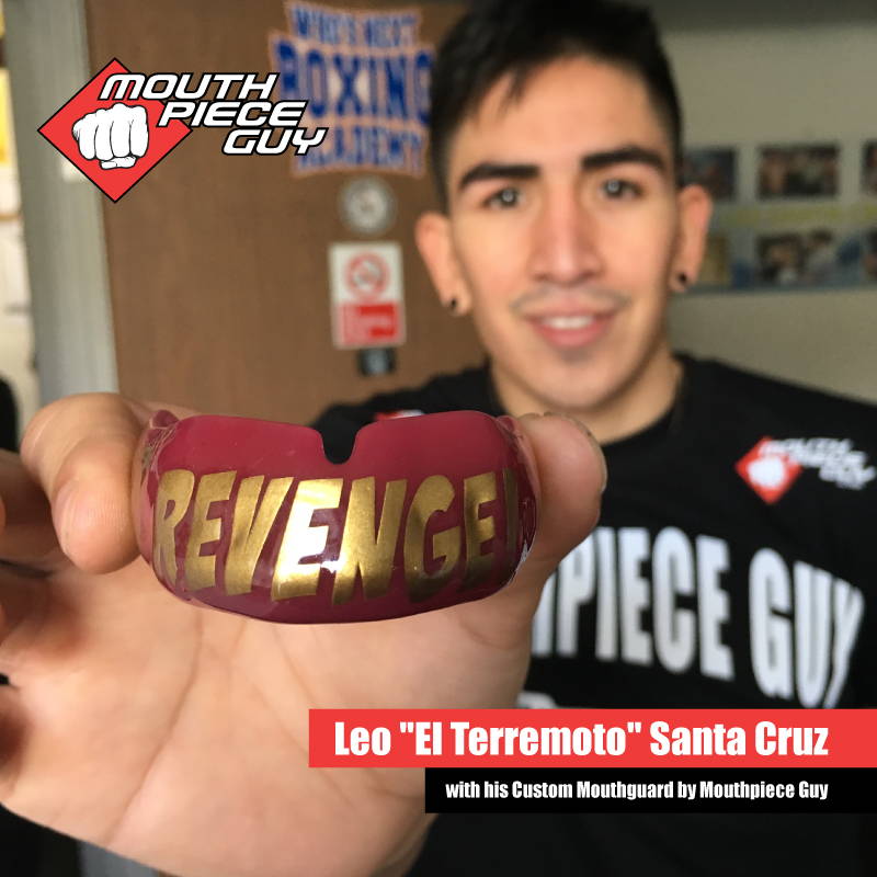 Pro boxer Leo Santa Cruz holding his custom mouthguard by Mouthpiece Guy