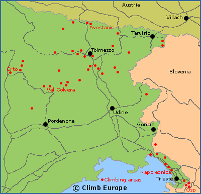 Map of the rock climbing areas around Trieste, Udine and Pordenone in northeast Italy