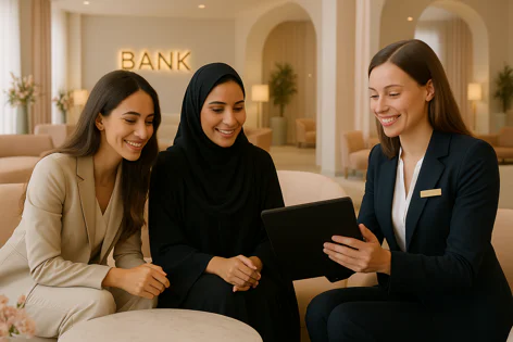 A bank employee in a suit shows a tablet to two female clients, one wearing a hijab, in a modern bank lobby.