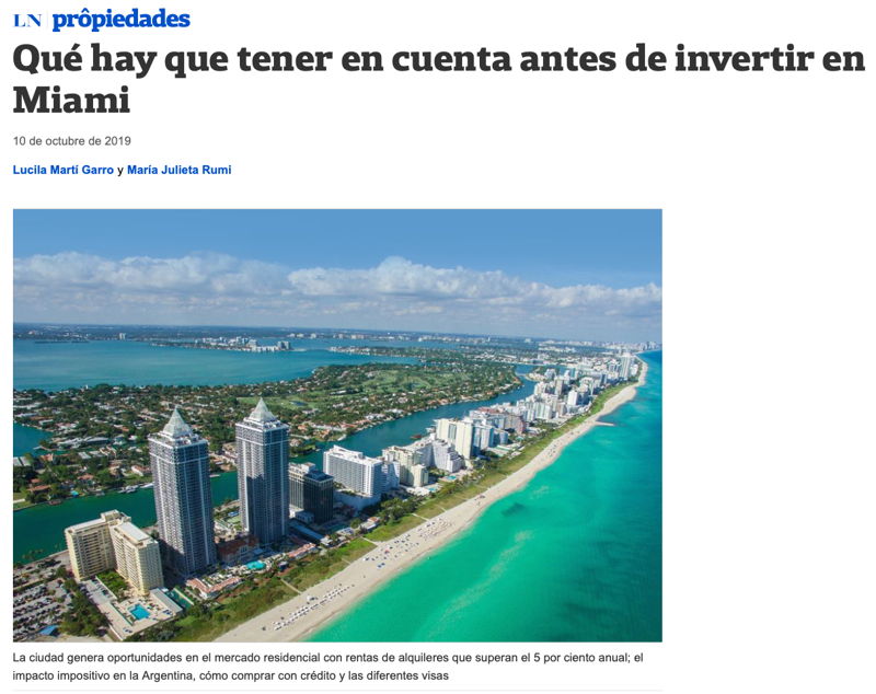 featured image for story, Qué hay que tener en cuenta antes de invertir en Miami (periódico La Nación -
Argentina 19 octubre 2019)