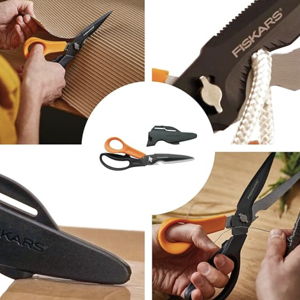 Fiskars Cuts + More Multi-tool Scissors, Includes Protective Case With Scissor Sharpener, Length: 23 cm, Titanium Coating, Stainless Steel Blade/Plastic Handles, Black/Orange, 1000809