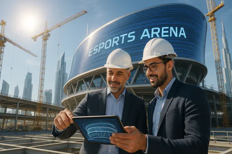 Two construction professionals in hard hats examining a digital blueprint on a tablet at an esports arena building site.