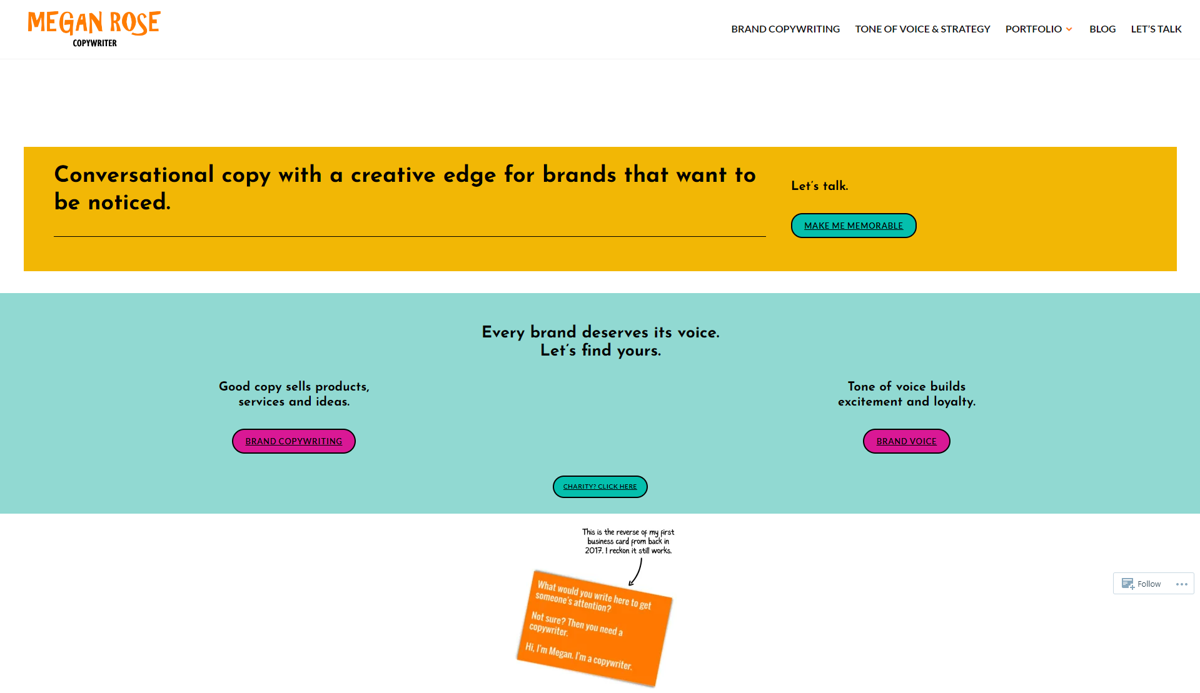 Screenshot of Megan Rose, from the copywriting portfolios collection.