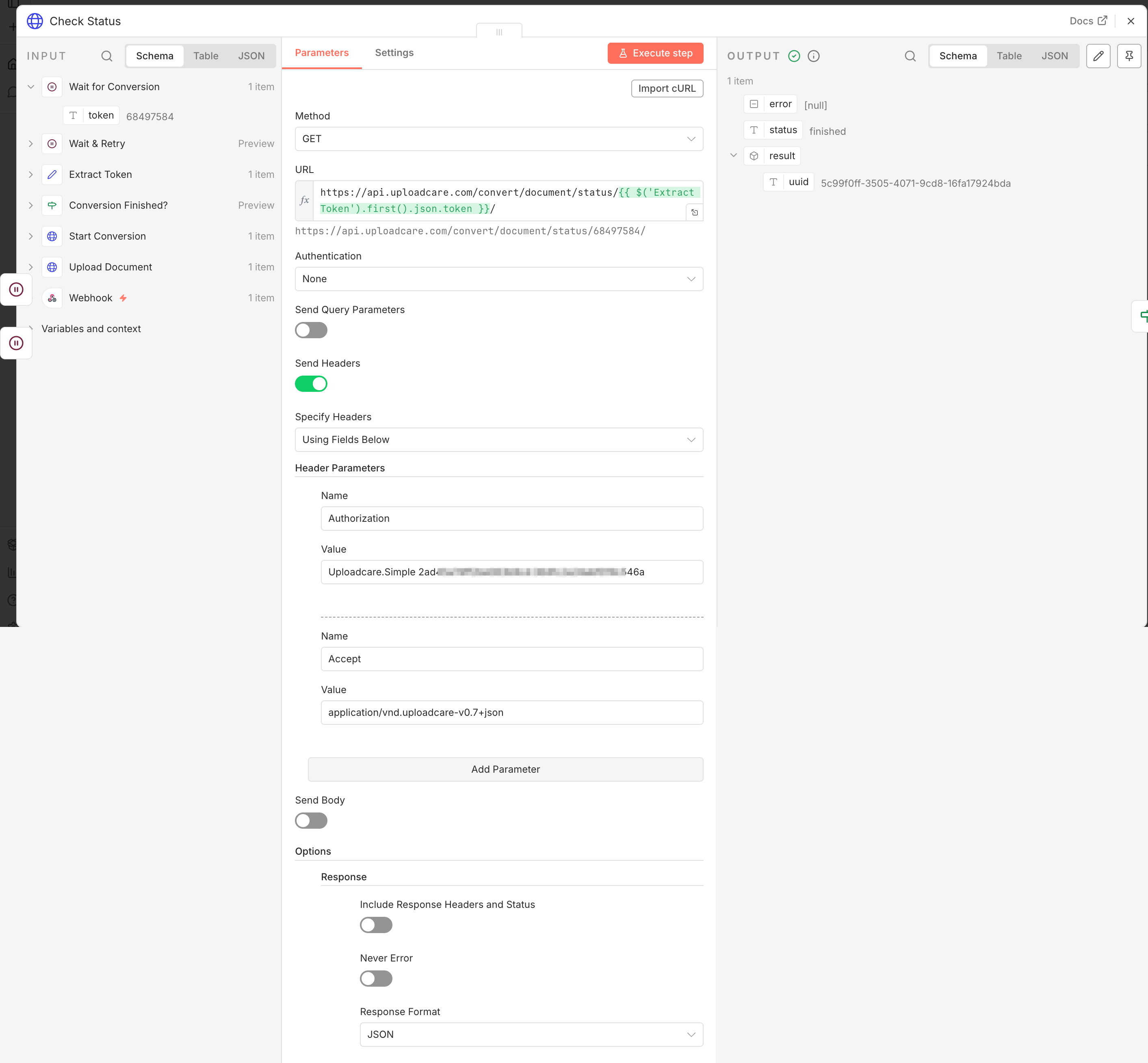 n8n IF node comparing the conversion status to finished