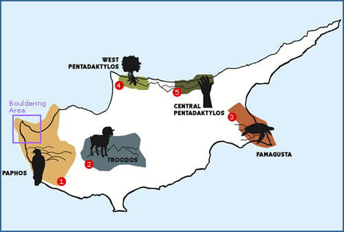 Map of the main sport climbing and bouldering areas in Cyprus