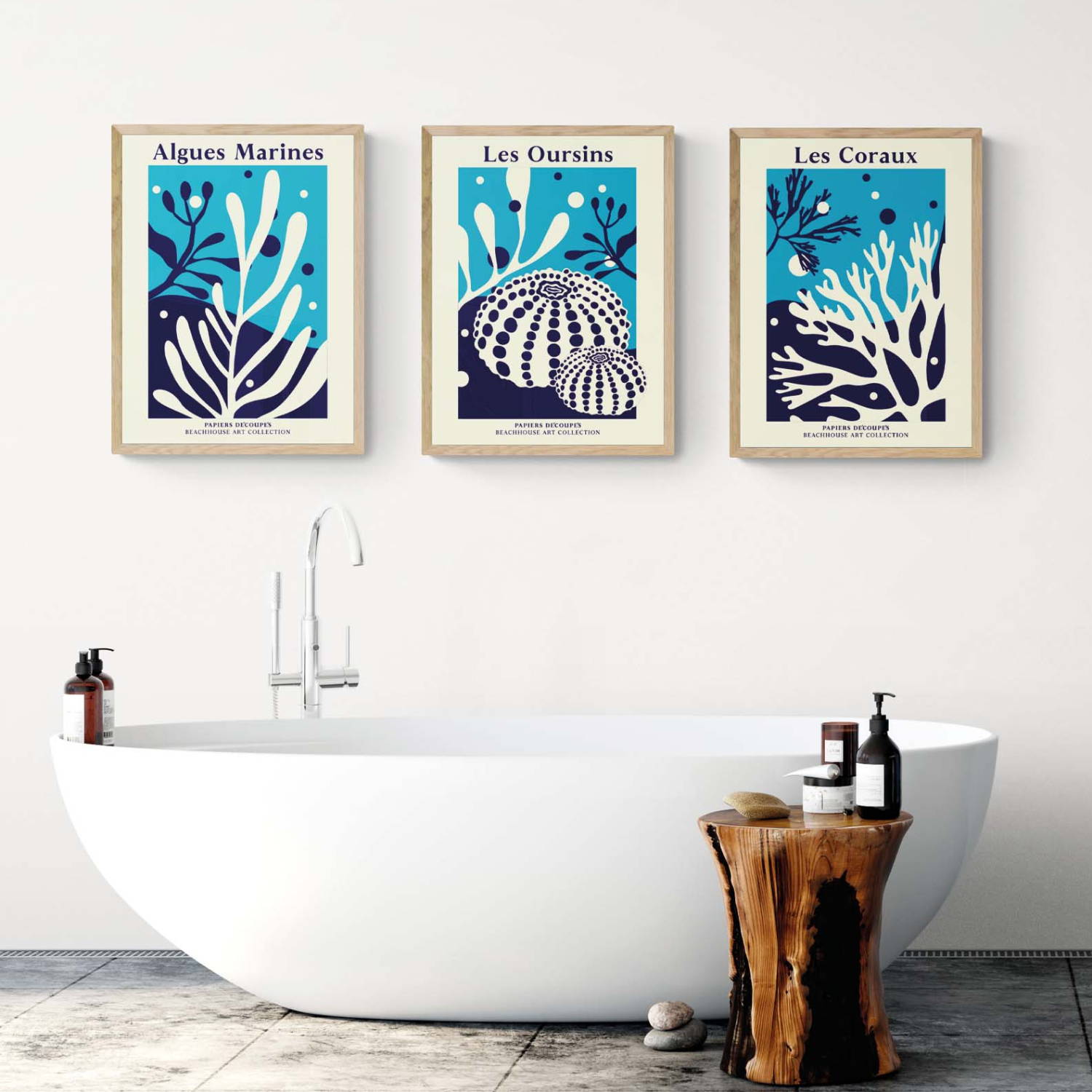 set of three botanical art prints above bath - bathroom art prints