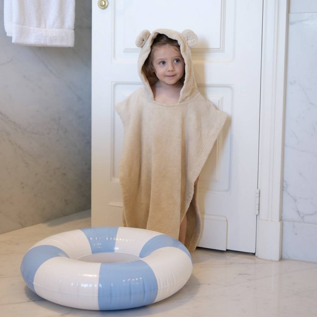 poncho joli nous suisse linge de plage pratique confortable éponge absorbant doux 100% coton biologique GOTS crème enfant bébé