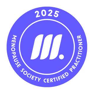 Purple circular badge reading “2025 Menopause Society Certified Practitioner” with abstract white logo in center.
