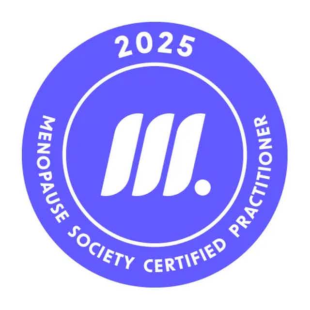 Purple circular badge reading “2025 Menopause Society Certified Practitioner” with abstract white logo in center.