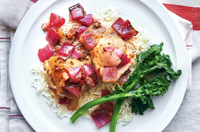 Hauts de cuisses de poulet à la confiture d’oignon