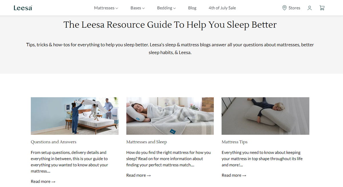 Screenshot of The Leesa Resource Guide, from the shopify blog examples collection.