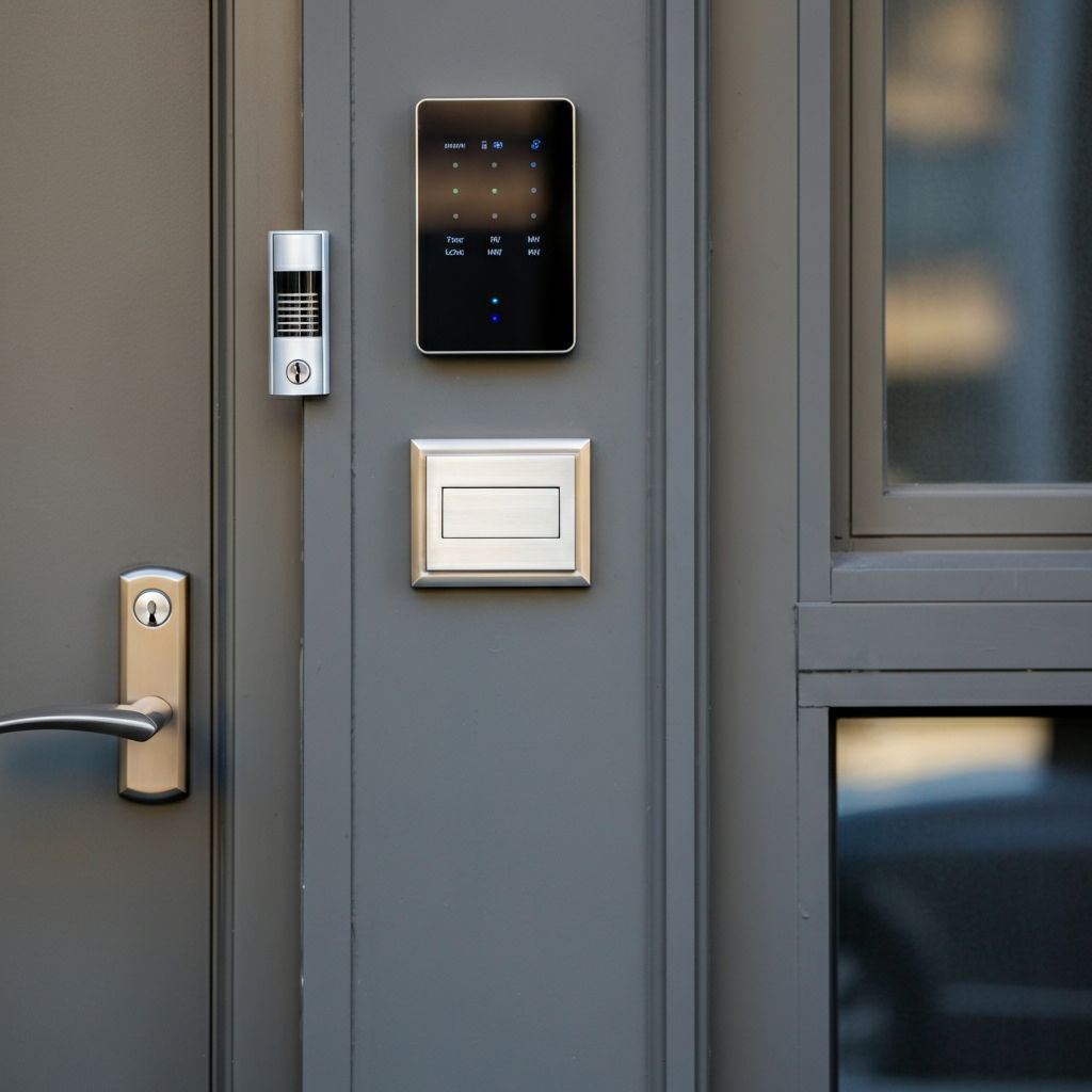 A close-up of an upgraded Streeterville condominium entrance featuring a modern door with sleek hardware, a digital doorbell system, and a minimalist door number in brushed stainless steel. The contemporary styling complements the building's architecture while creating a distinctive entrance.