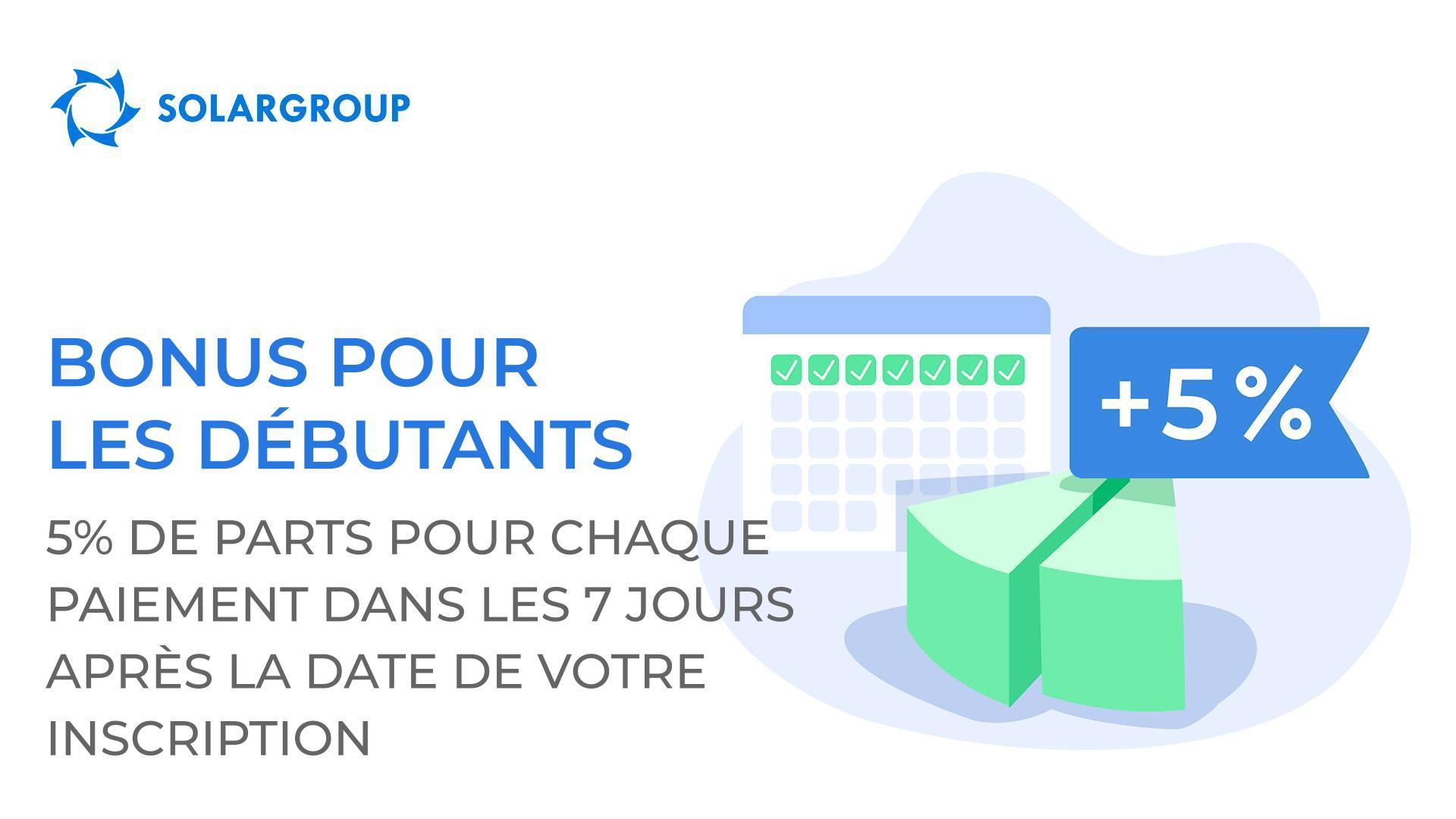 Bonus pour les débutants : nous vous donnons + 5% de parts pour chaque paiement dans les 7 jours après votre inscription