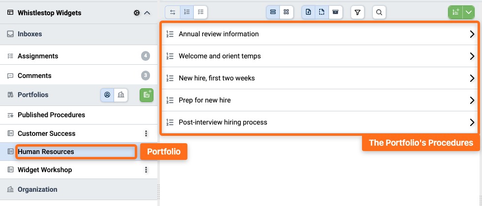 A Portfolio in the Navigation pane and the Procedures it holds