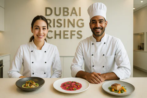 Two smiling chefs, a man and woman in white uniforms, sit at a counter with three plates of expertly plated dishes. The background shows the text "DUBAI RISING CHEFS".
