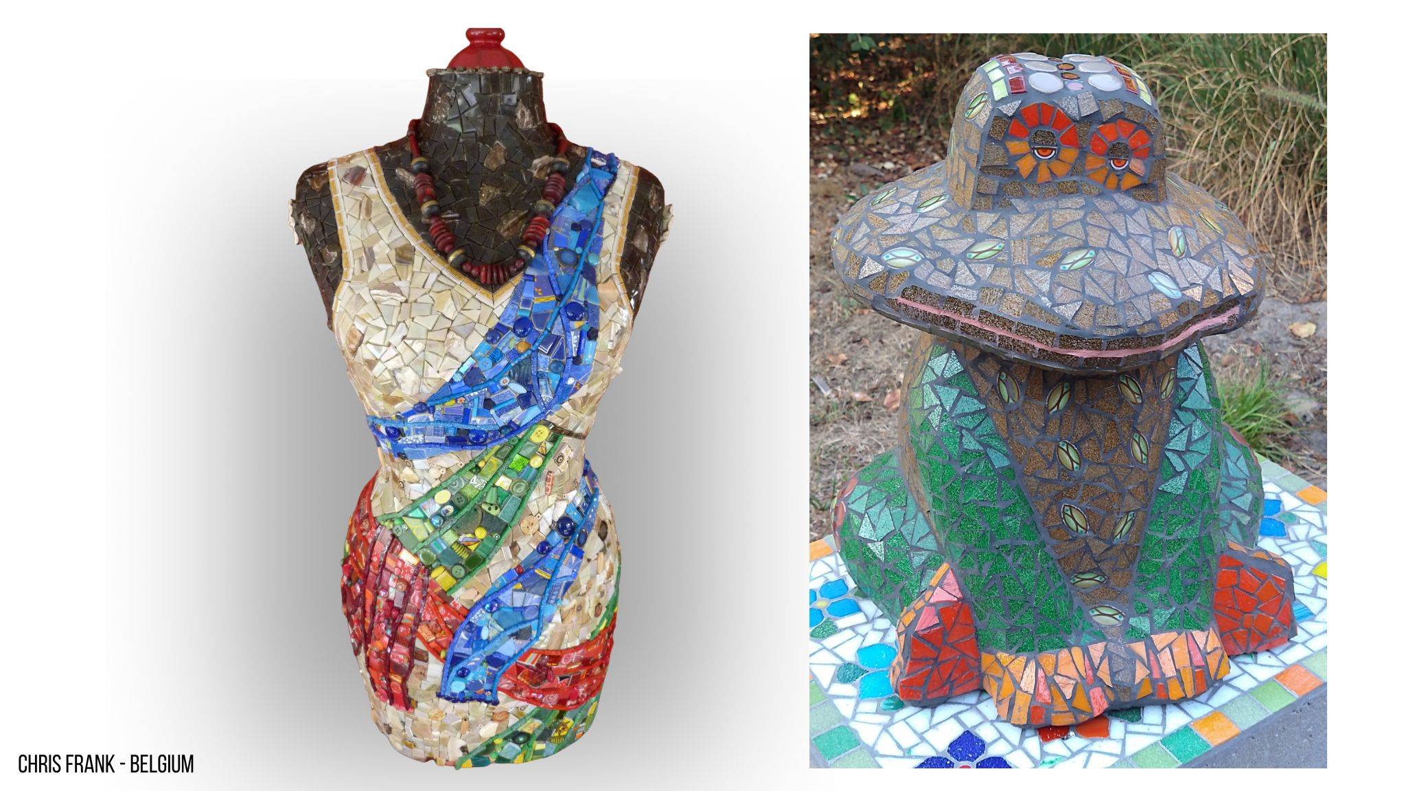 Linker foto: Een mozaïeken vrouwentorso gemaakt in verschillende kleuren glasmozaiek. De torso heeft een witte jurk met de kleuren blauw, rood en groen in verwerkt. Rechter foto: Een bruine kikker zittend op de grond gemaakt in mozaiek. Het glasmozaiek is op maat geknipt.