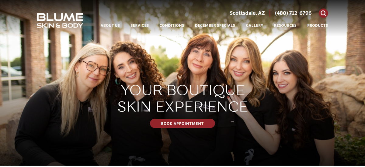 Screenshot of Blume Skin and Body, from the esthetician websites collection.