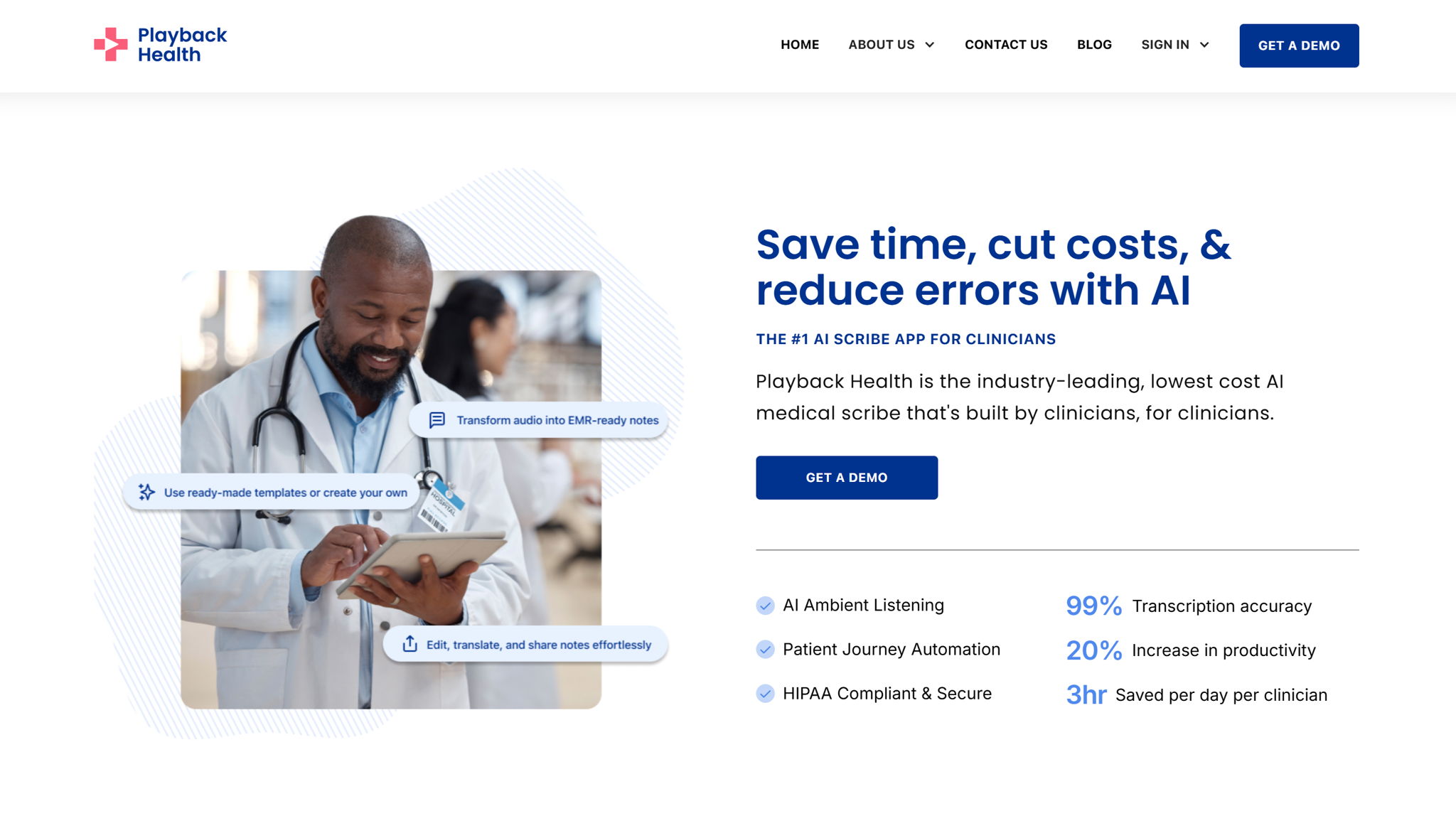 Screenshot of Playback Health's website landing page, an AI scribe