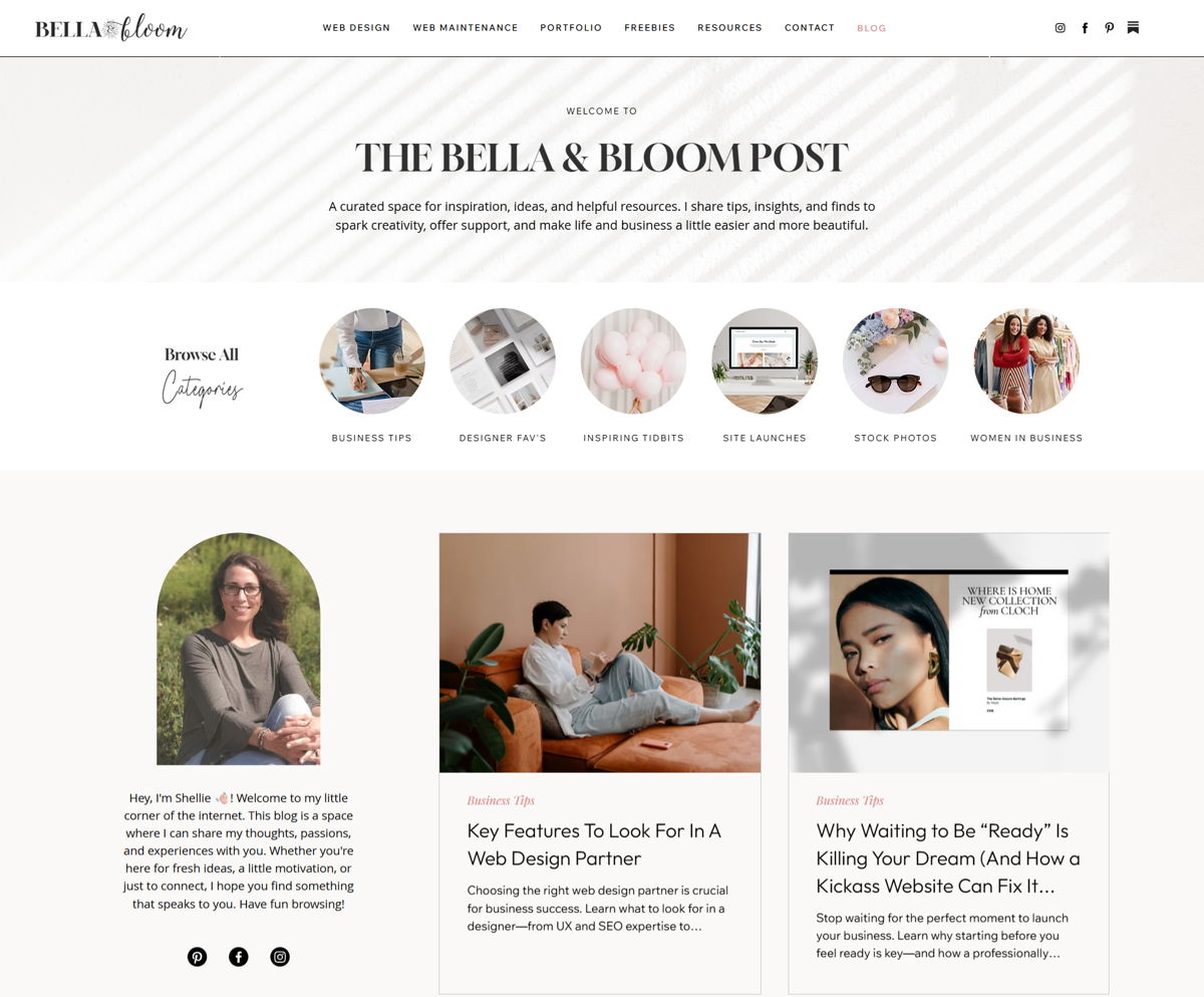 Screenshot of Bella & Bloom Blog, from the wix blog examples collection.