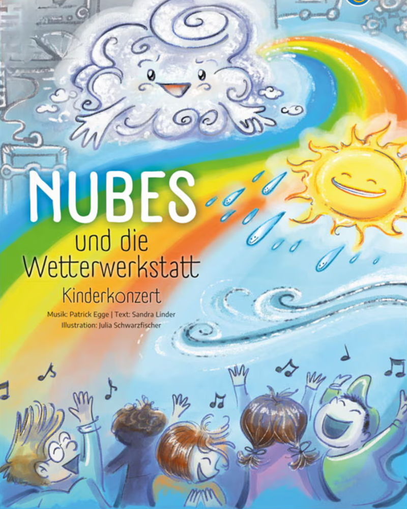 Eine Zeichnung zeigt einen Regenbogen, eine Wolke und eine Sonne sowie einige Menschen, die zu Musik tanzen. Außerdem ist zu lesen: "Nubes und die Wetterwerkstatt". 
